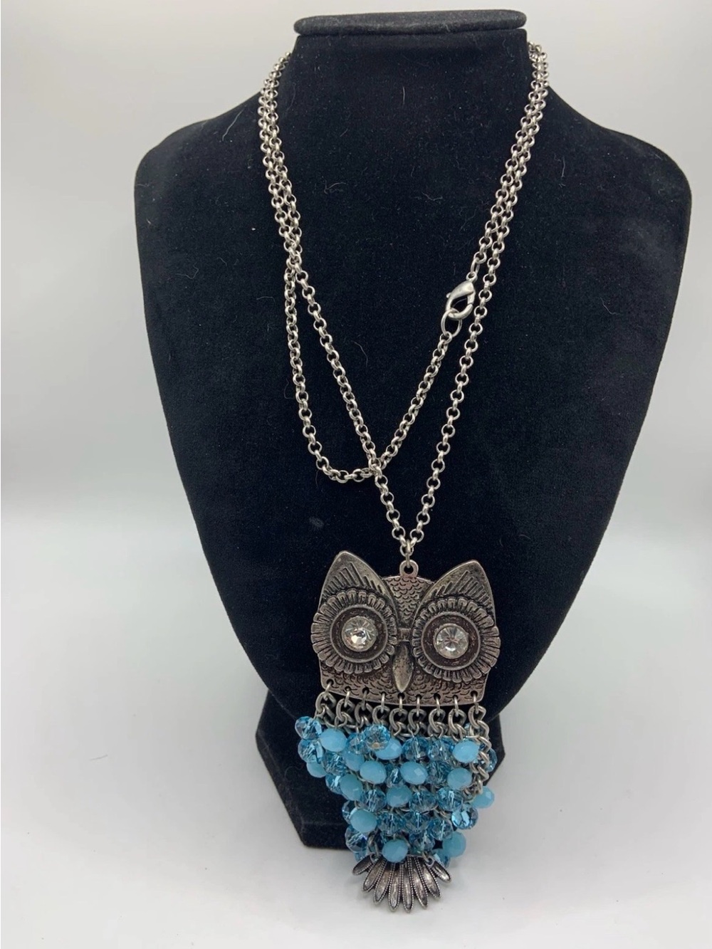Owl Articulated Aqua Faceted Beaded Dangle Silver Tone Pendant Necklace